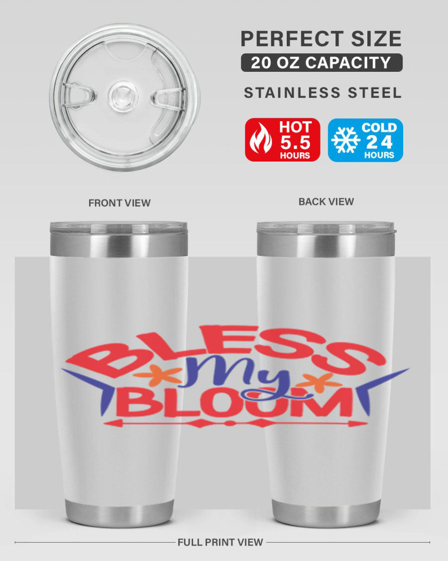 Bless My Bloom 20oz Tumbler in stainless steel with floral design, featuring a drink-thru lid.