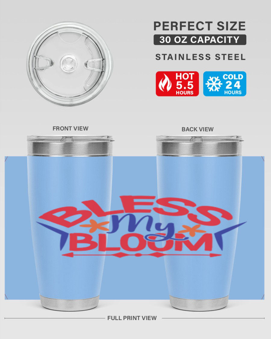 Bless My Bloom 20oz Tumbler in stainless steel with floral design, featuring a drink-thru lid.