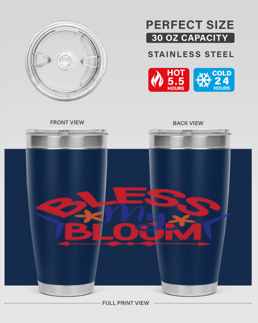 Bless My Bloom 20oz Tumbler in stainless steel with floral design, featuring a drink-thru lid.