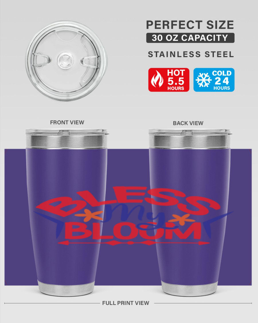 Bless My Bloom 20oz Tumbler in stainless steel with floral design, featuring a drink-thru lid.