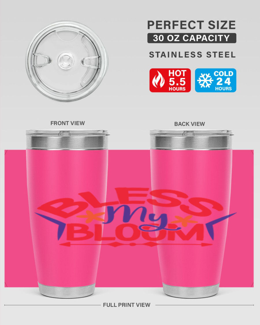 Bless My Bloom 20oz Tumbler in stainless steel with floral design, featuring a drink-thru lid.