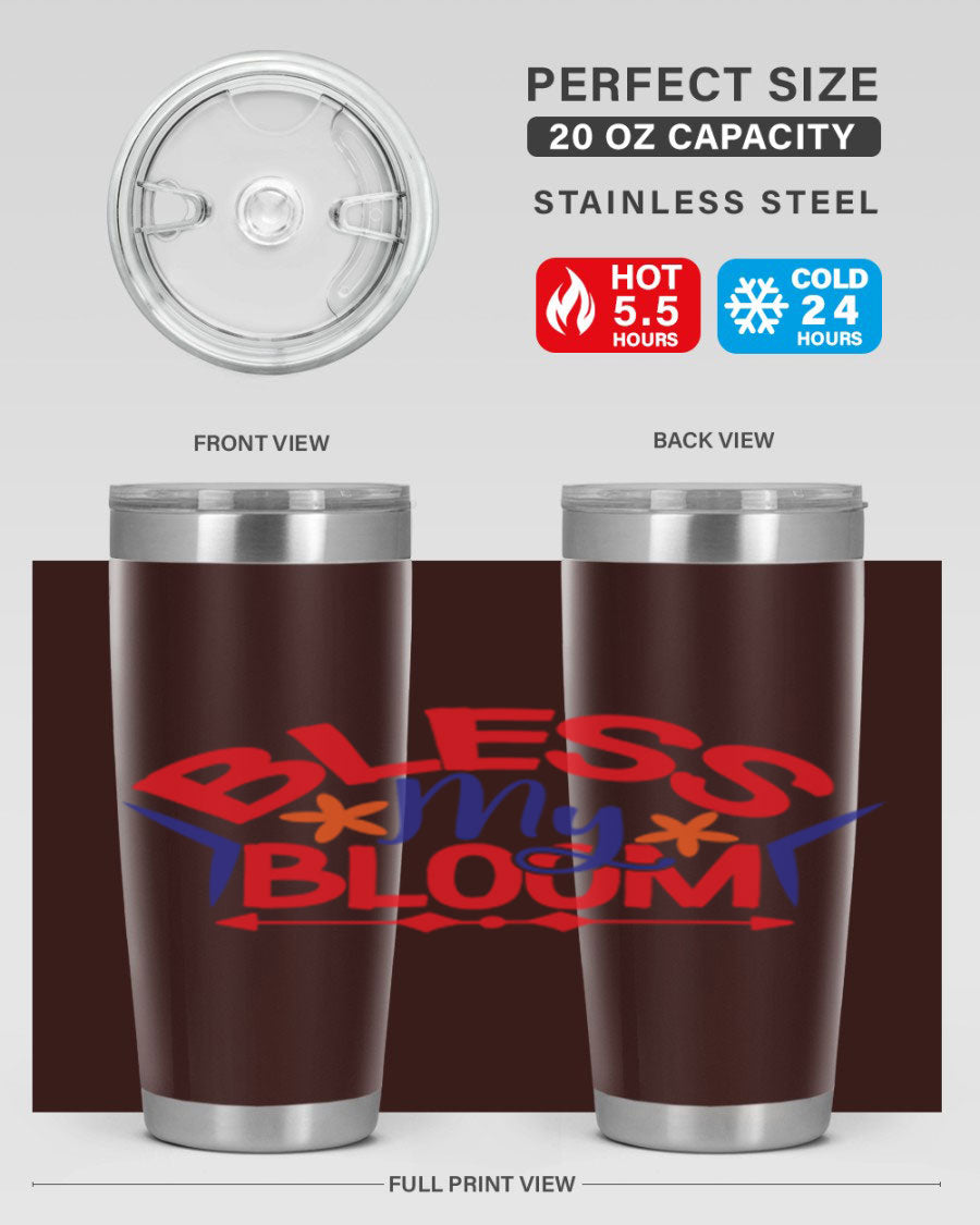 Bless My Bloom 20oz Tumbler in stainless steel with floral design, featuring a drink-thru lid.