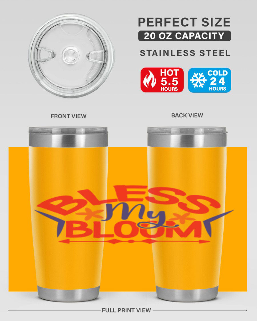 Bless My Bloom 20oz Tumbler in stainless steel with floral design, featuring a drink-thru lid.