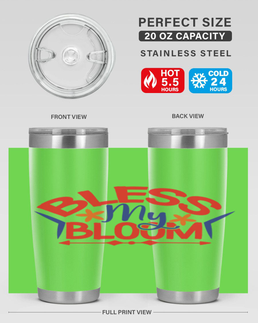 Bless My Bloom 20oz Tumbler in stainless steel with floral design, featuring a drink-thru lid.