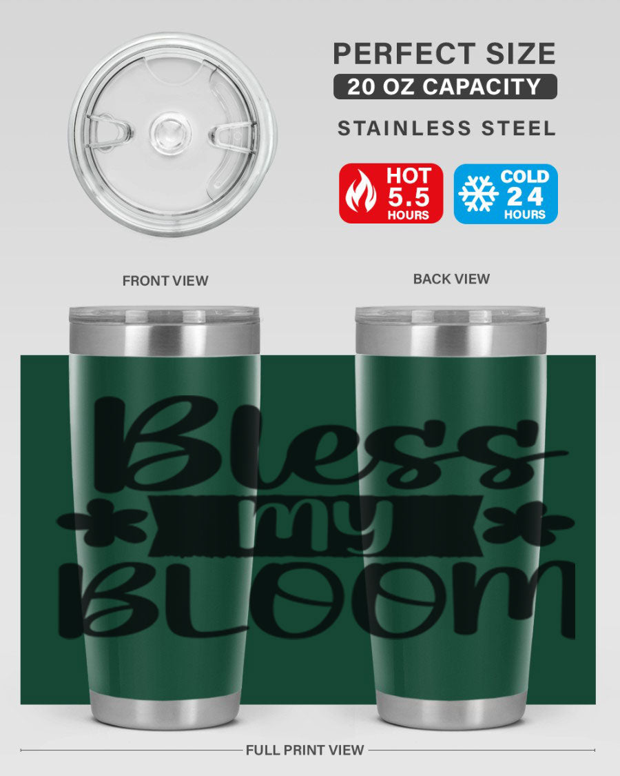 Bless My Bloom 20oz Tumbler featuring a vibrant floral design, made of stainless steel with a copper lining, perfect for hot and cold beverages.