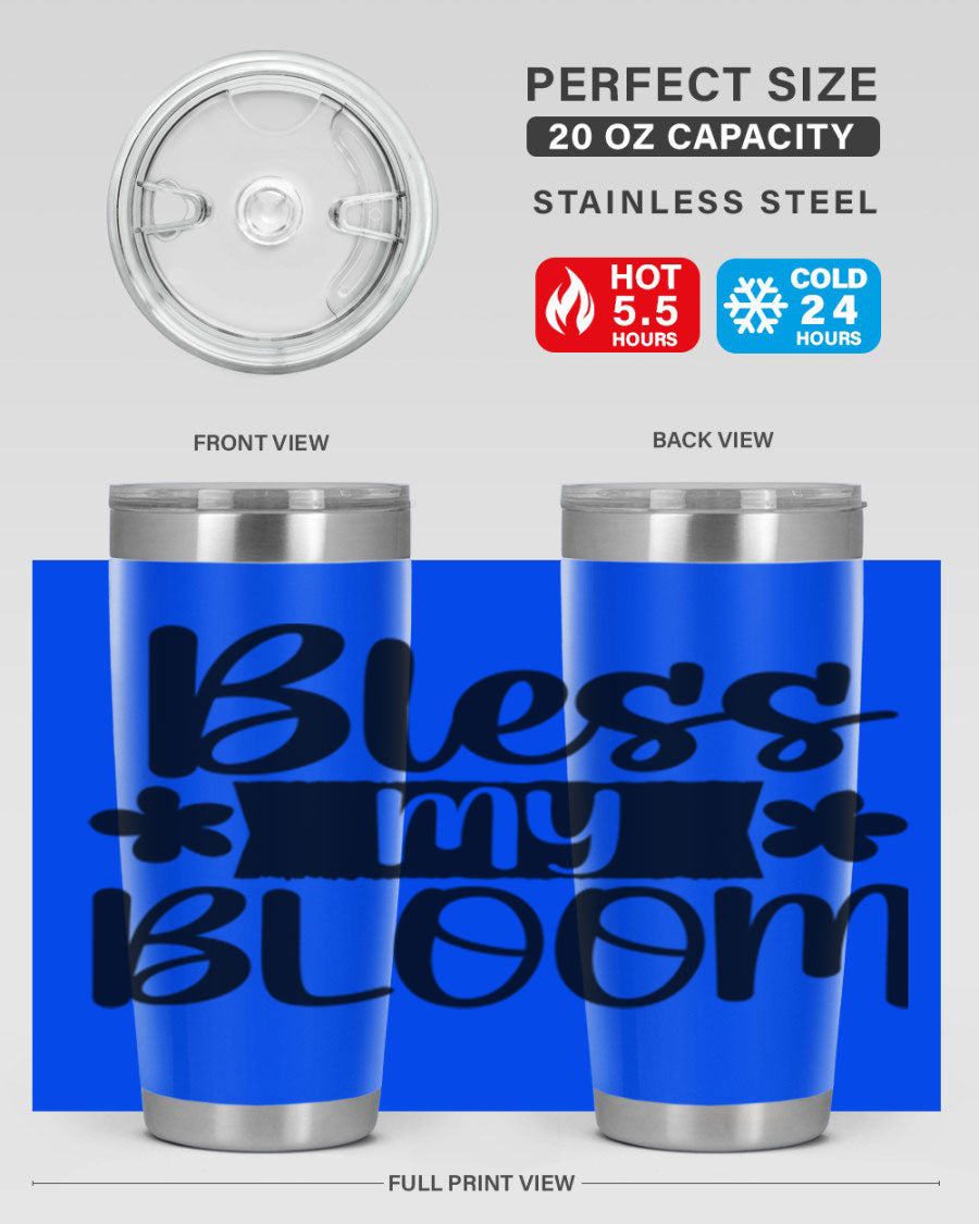 Bless My Bloom 20oz Tumbler featuring a vibrant floral design, made of stainless steel with a copper lining, perfect for hot and cold beverages.