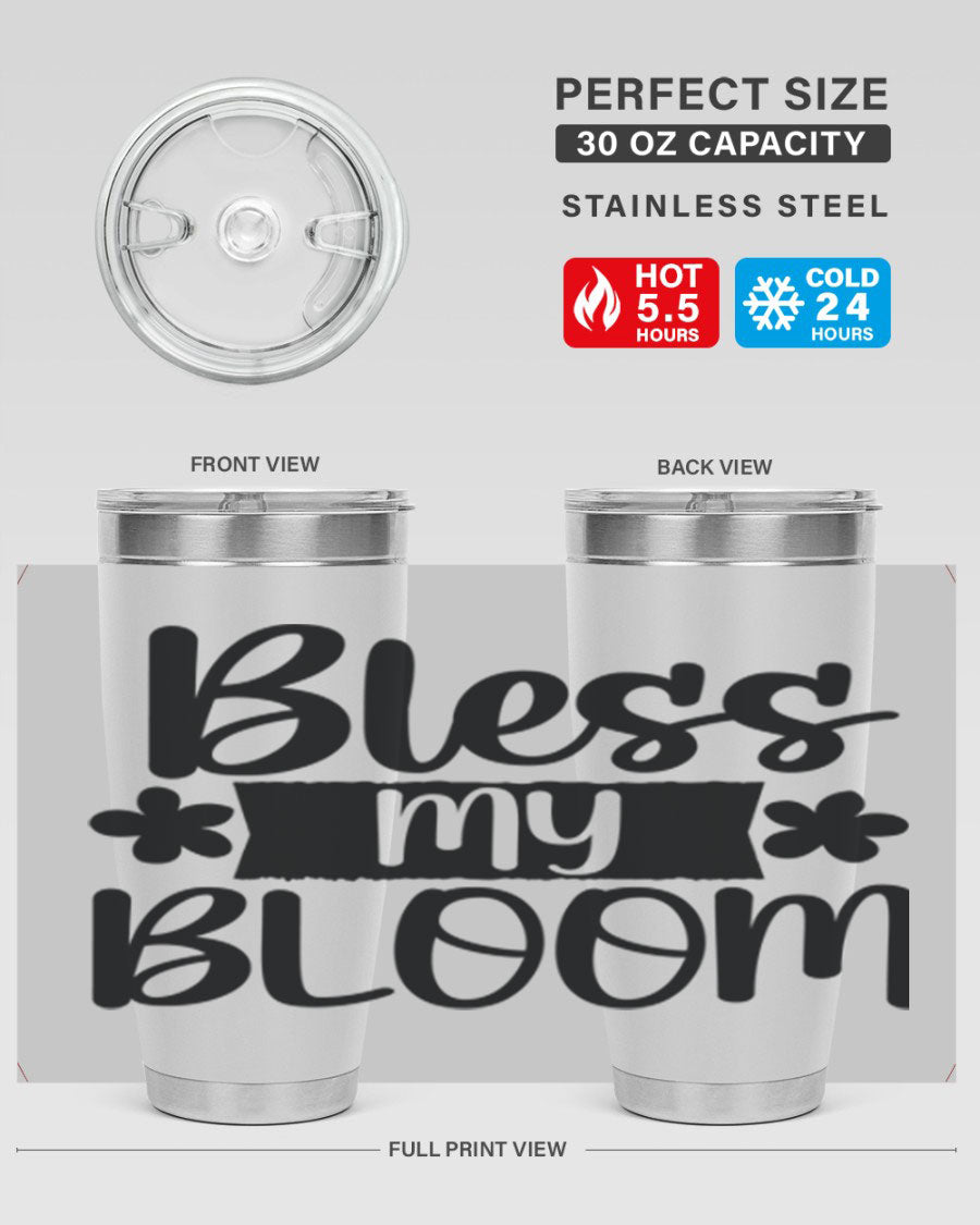 Bless My Bloom 20oz Tumbler featuring a vibrant floral design, made of stainless steel with a copper lining, perfect for hot and cold beverages.