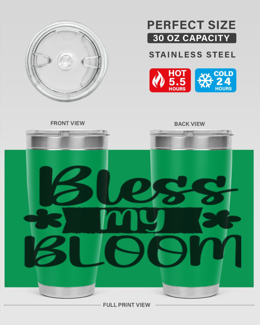 Bless My Bloom 20oz Tumbler featuring a vibrant floral design, made of stainless steel with a copper lining, perfect for hot and cold beverages.