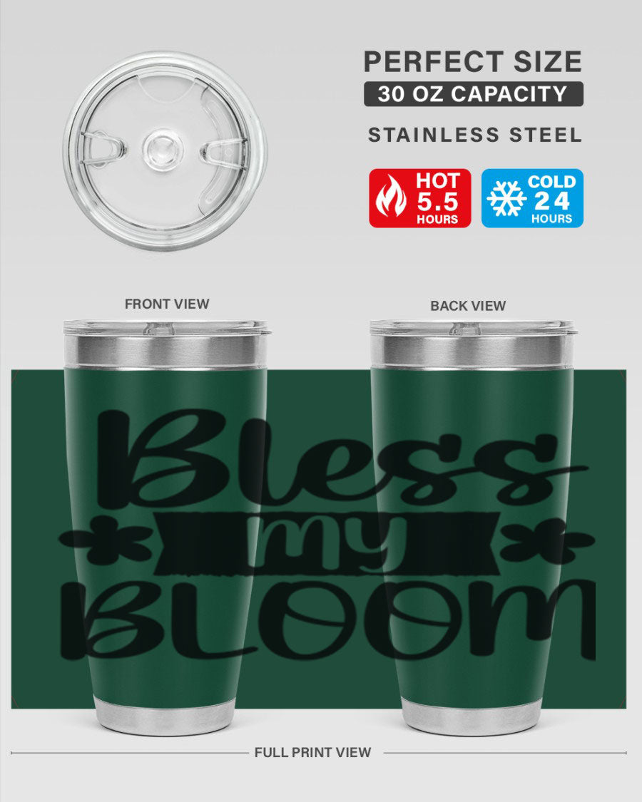 Bless My Bloom 20oz Tumbler featuring a vibrant floral design, made of stainless steel with a copper lining, perfect for hot and cold beverages.