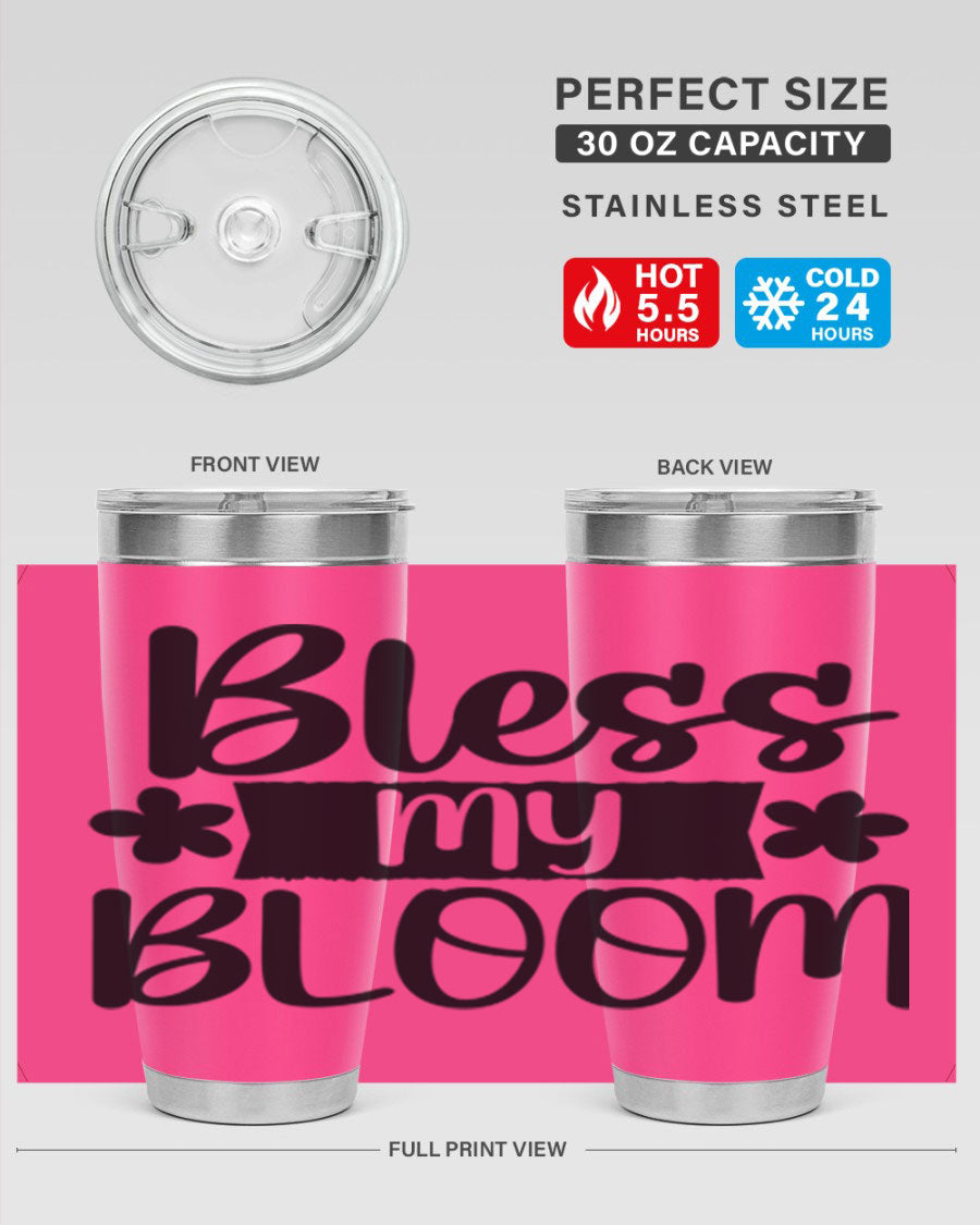 Bless My Bloom 20oz Tumbler featuring a vibrant floral design, made of stainless steel with a copper lining, perfect for hot and cold beverages.