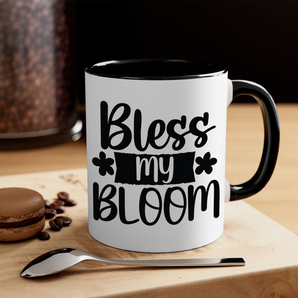 Bless my bloom design 60# Mug featuring a glossy finish, colored handle, and interior, available in multiple colors and sizes.