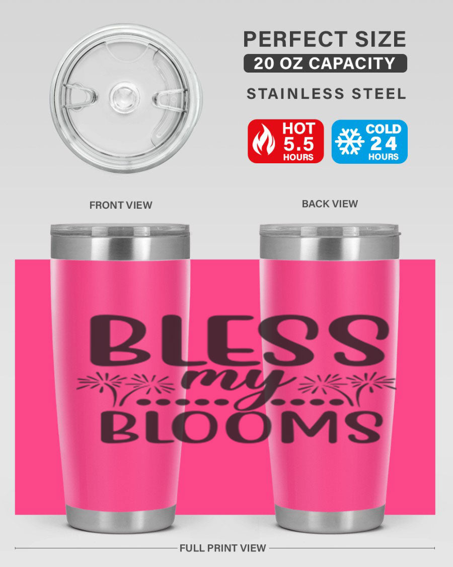 Bless my blooms 39# spring tumbler in vibrant floral design, showcasing its double wall vacuum stainless steel construction and drink-thru lid.