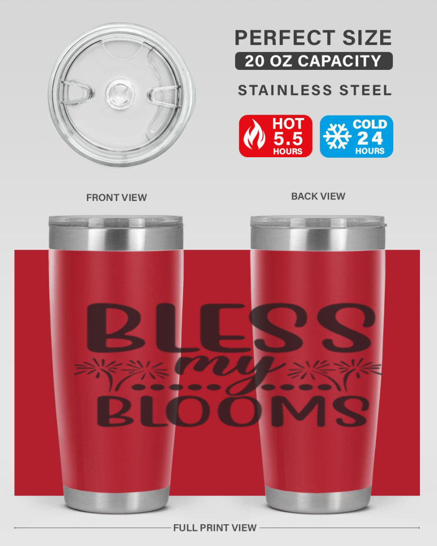 Bless my blooms 39# spring tumbler in vibrant floral design, showcasing its double wall vacuum stainless steel construction and drink-thru lid.