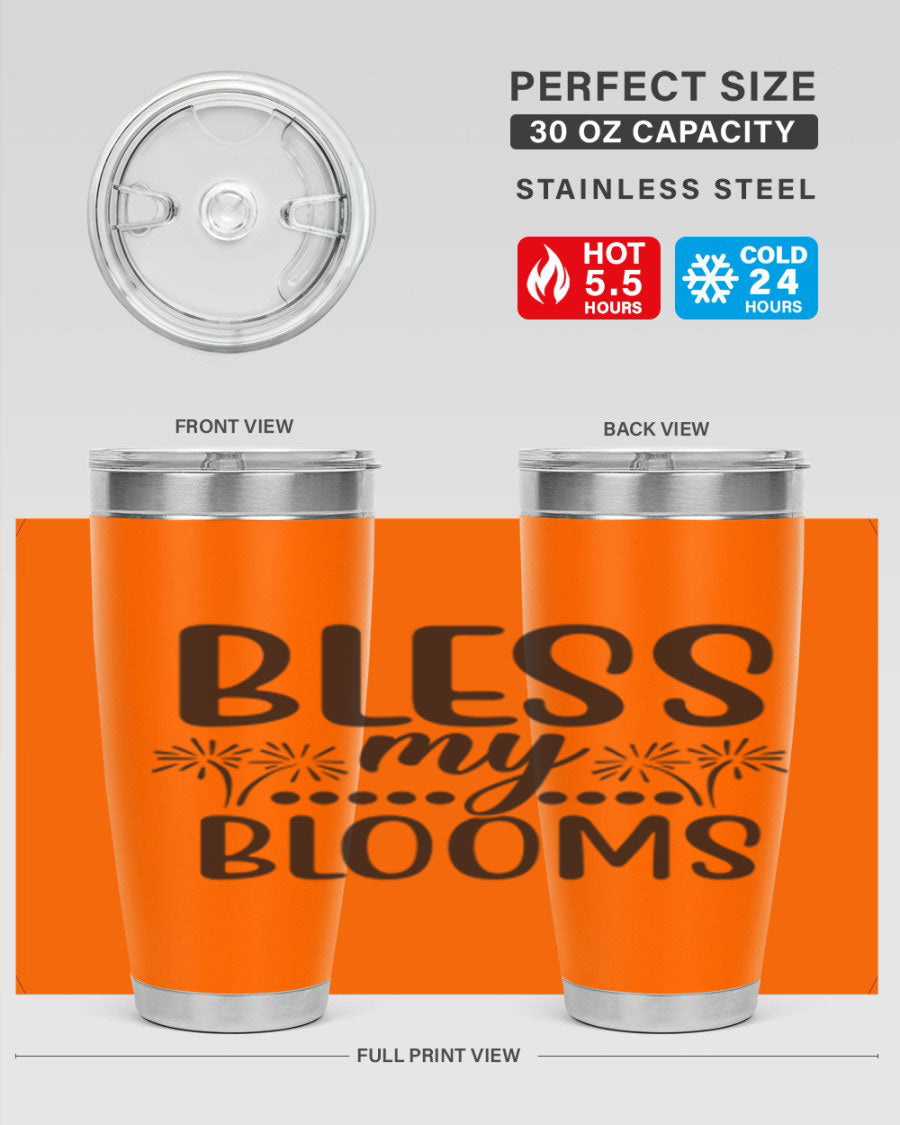 Bless my blooms 39# spring tumbler in vibrant floral design, showcasing its double wall vacuum stainless steel construction and drink-thru lid.