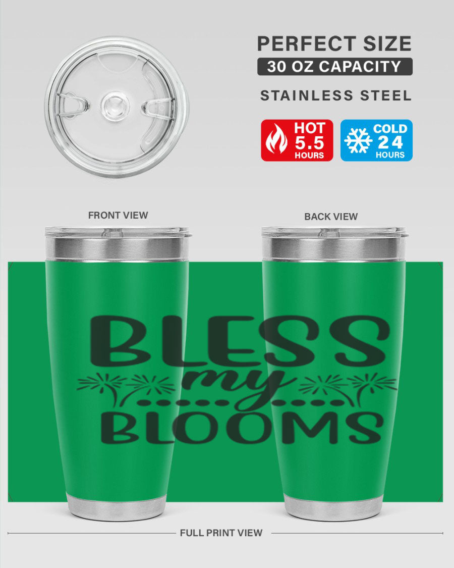 Bless my blooms 39# spring tumbler in vibrant floral design, showcasing its double wall vacuum stainless steel construction and drink-thru lid.