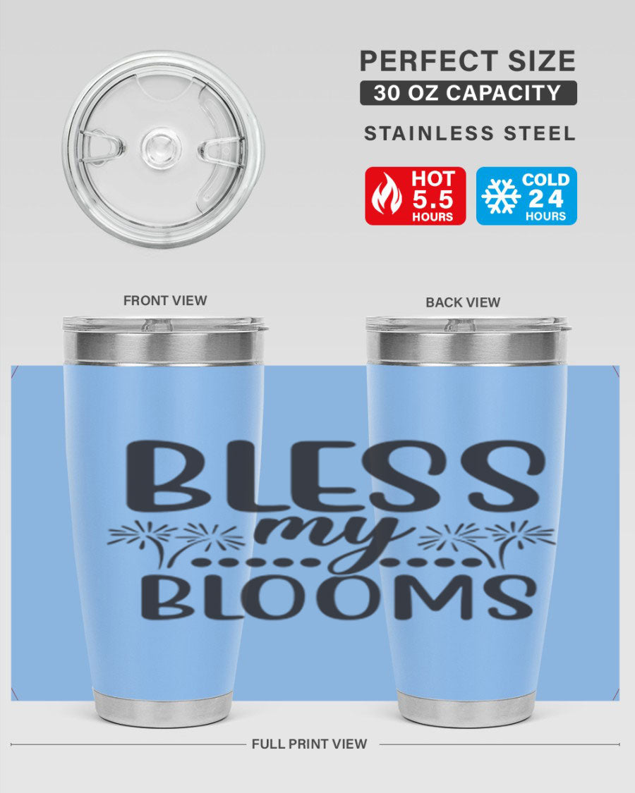 Bless my blooms 39# spring tumbler in vibrant floral design, showcasing its double wall vacuum stainless steel construction and drink-thru lid.