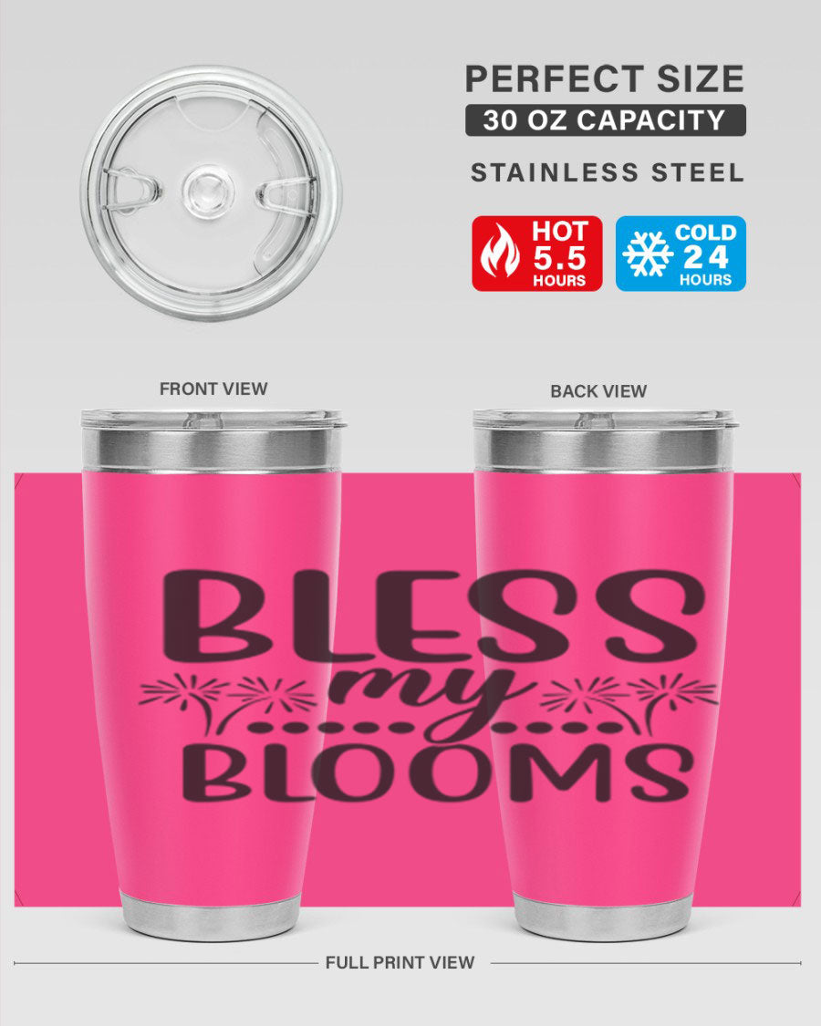 Bless my blooms 39# spring tumbler in vibrant floral design, showcasing its double wall vacuum stainless steel construction and drink-thru lid.