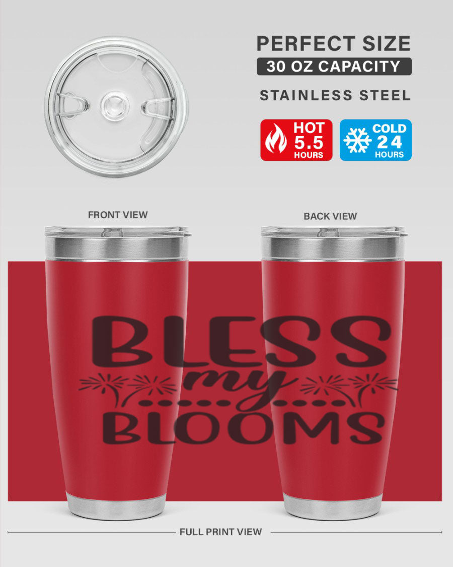 Bless my blooms 39# spring tumbler in vibrant floral design, showcasing its double wall vacuum stainless steel construction and drink-thru lid.