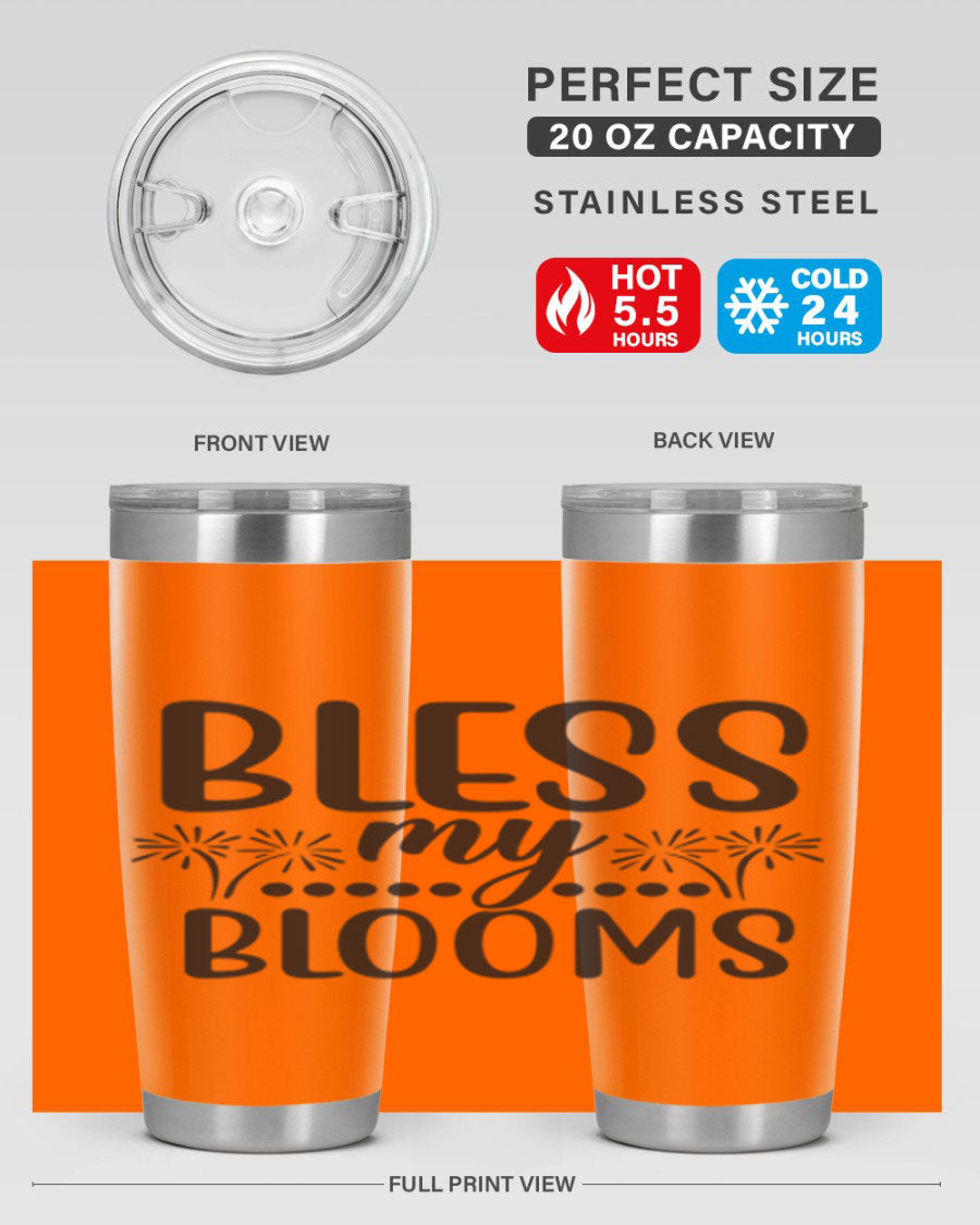 Bless my blooms 39# spring tumbler in vibrant floral design, showcasing its double wall vacuum stainless steel construction and drink-thru lid.