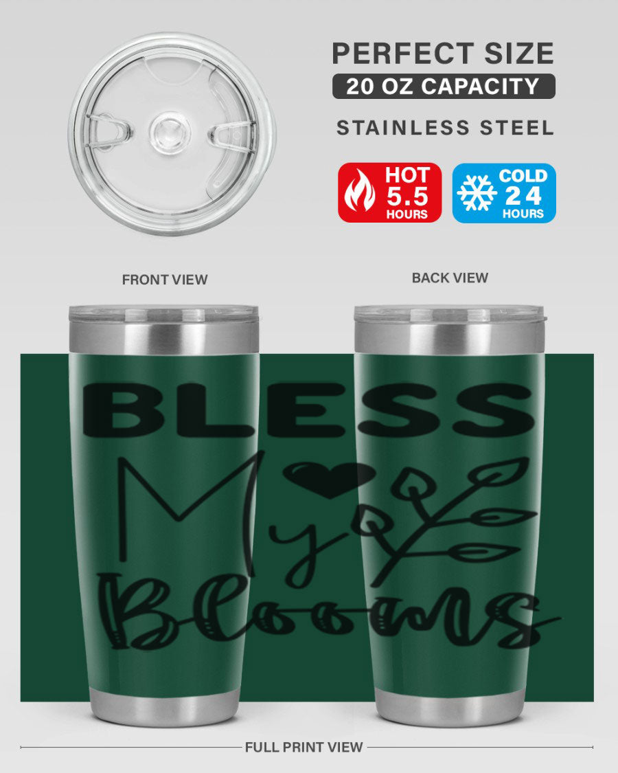 Bless My Blooms 20oz Tumbler featuring a floral design, double wall vacuum stainless steel construction, and a drink-thru lid.