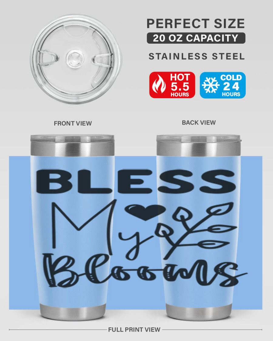 Bless My Blooms 20oz Tumbler featuring a floral design, double wall vacuum stainless steel construction, and a drink-thru lid.