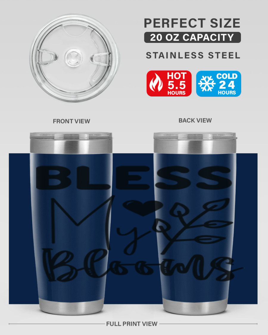 Bless My Blooms 20oz Tumbler featuring a floral design, double wall vacuum stainless steel construction, and a drink-thru lid.