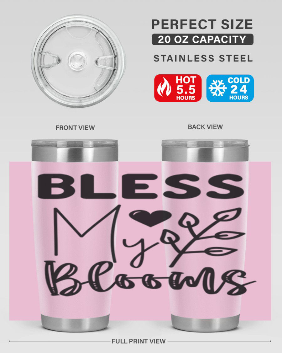 Bless My Blooms 20oz Tumbler featuring a floral design, double wall vacuum stainless steel construction, and a drink-thru lid.