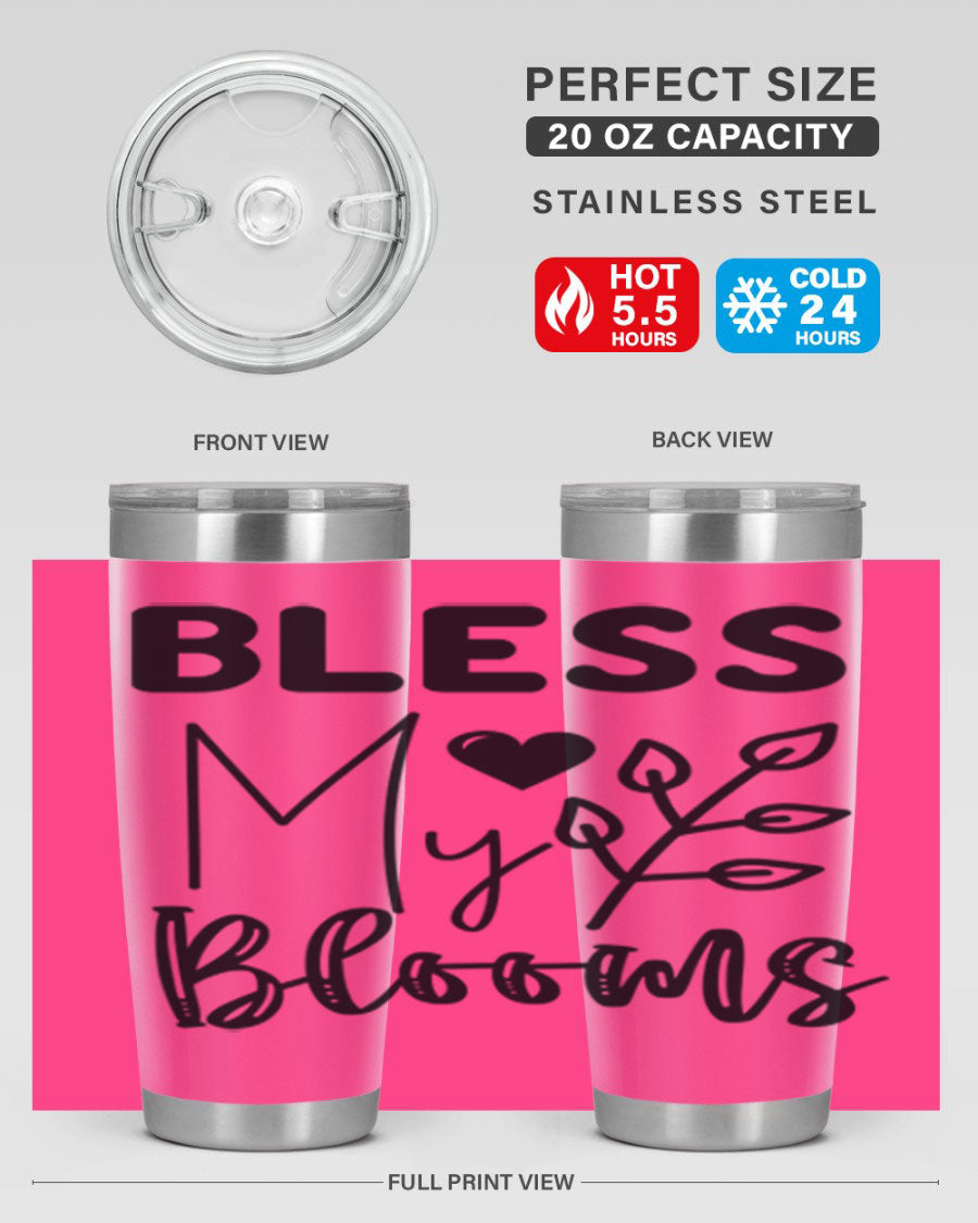 Bless My Blooms 20oz Tumbler featuring a floral design, double wall vacuum stainless steel construction, and a drink-thru lid.