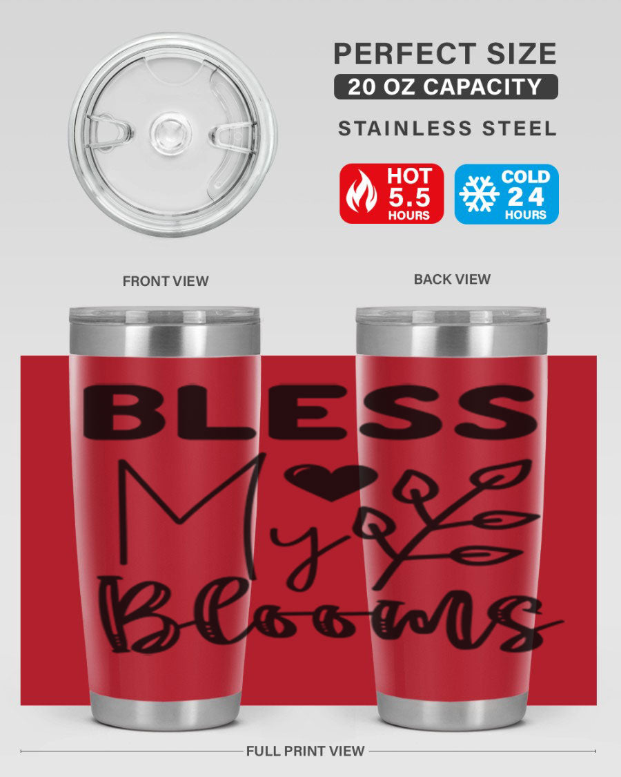 Bless My Blooms 20oz Tumbler featuring a floral design, double wall vacuum stainless steel construction, and a drink-thru lid.