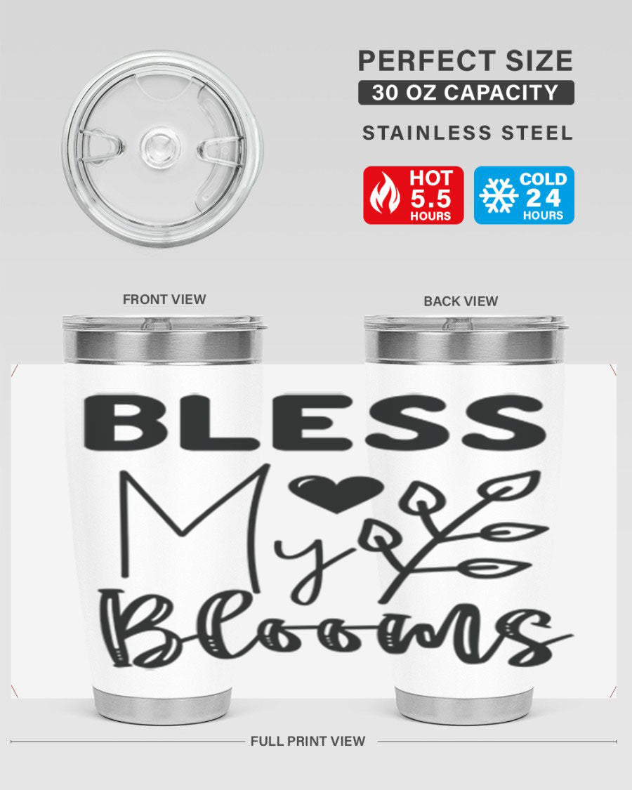 Bless My Blooms 20oz Tumbler featuring a floral design, double wall vacuum stainless steel construction, and a drink-thru lid.