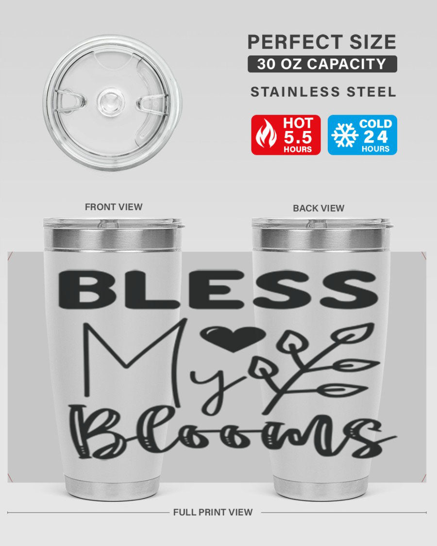 Bless My Blooms 20oz Tumbler featuring a floral design, double wall vacuum stainless steel construction, and a drink-thru lid.