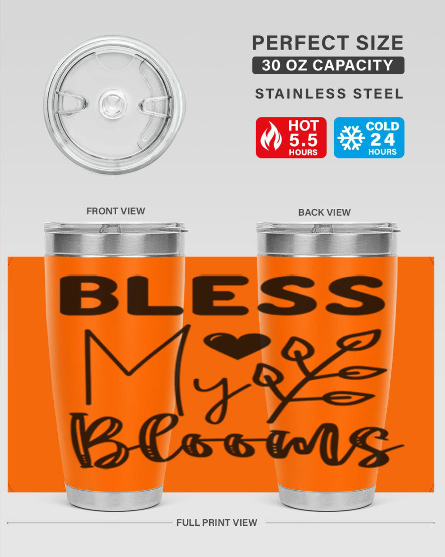 Bless My Blooms 20oz Tumbler featuring a floral design, double wall vacuum stainless steel construction, and a drink-thru lid.