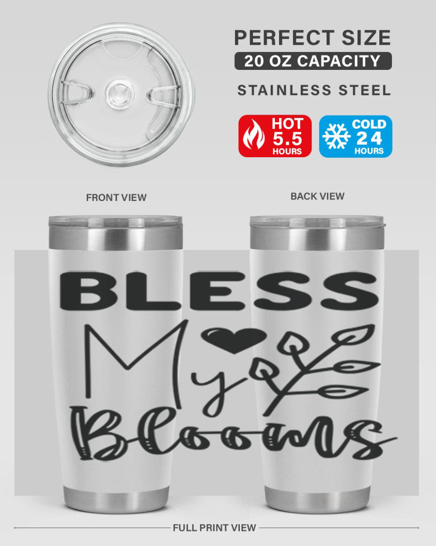 Bless My Blooms 20oz Tumbler featuring a floral design, double wall vacuum stainless steel construction, and a drink-thru lid.