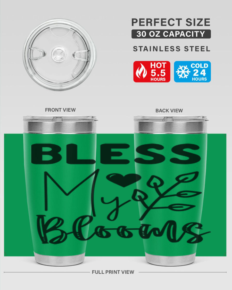 Bless My Blooms 20oz Tumbler featuring a floral design, double wall vacuum stainless steel construction, and a drink-thru lid.