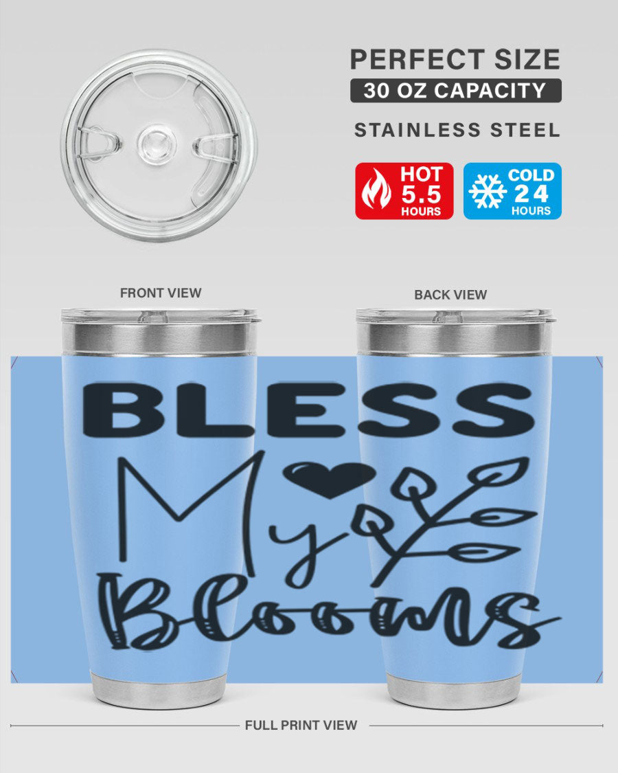 Bless My Blooms 20oz Tumbler featuring a floral design, double wall vacuum stainless steel construction, and a drink-thru lid.