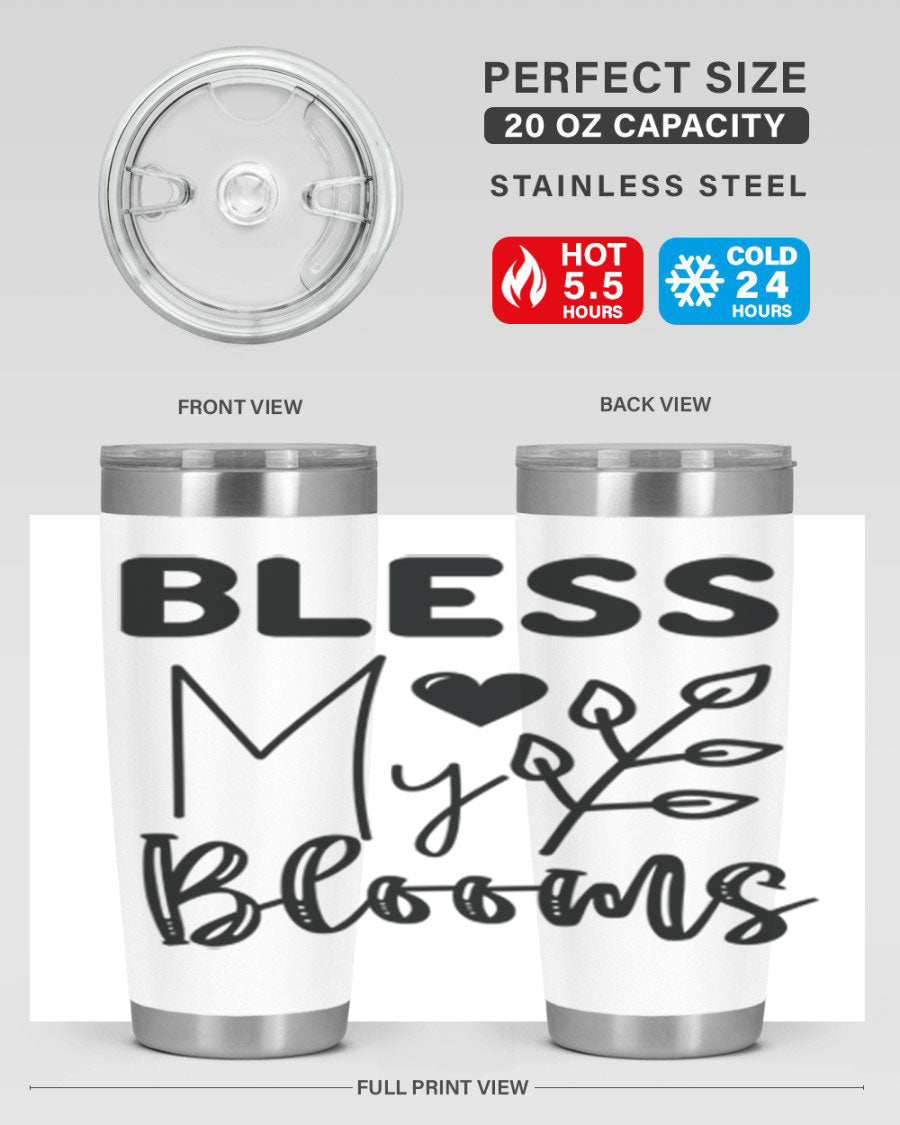 Bless My Blooms 20oz Tumbler featuring a floral design, double wall vacuum stainless steel construction, and a drink-thru lid.