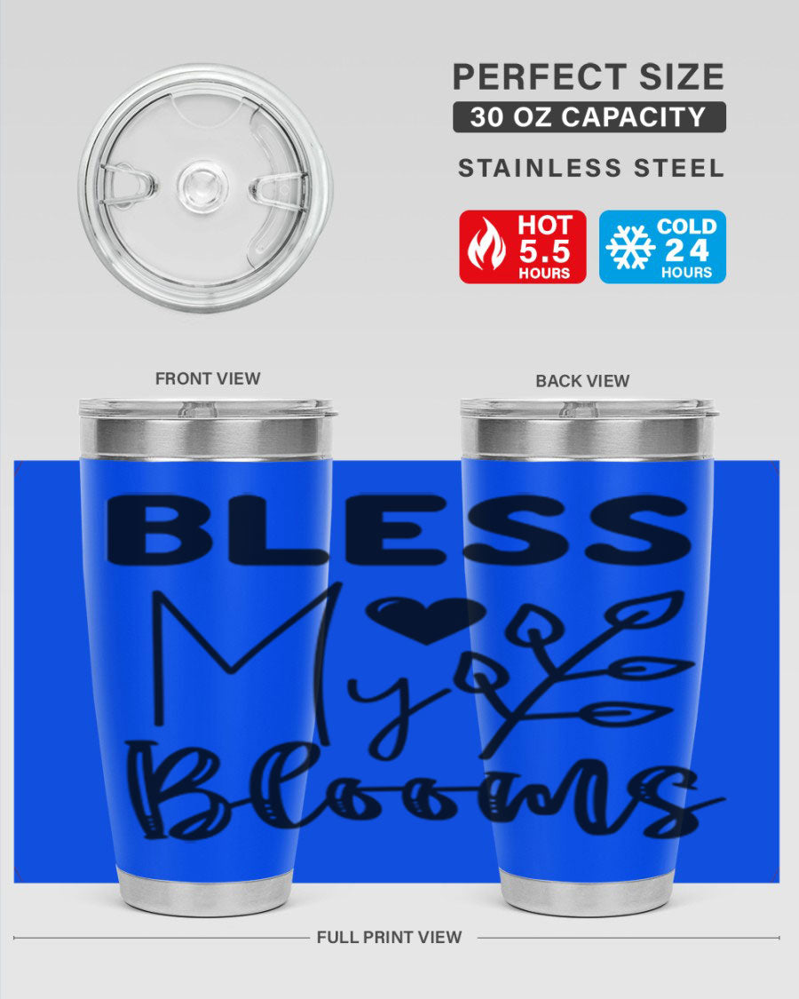 Bless My Blooms 20oz Tumbler featuring a floral design, double wall vacuum stainless steel construction, and a drink-thru lid.