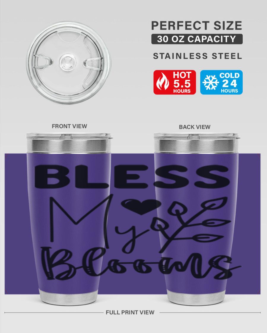 Bless My Blooms 20oz Tumbler featuring a floral design, double wall vacuum stainless steel construction, and a drink-thru lid.