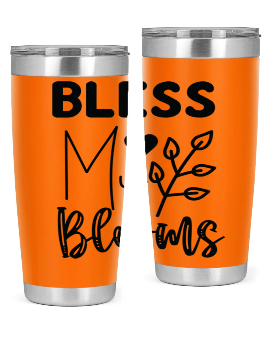 Bless My Blooms 20oz Tumbler featuring a floral design, double wall vacuum stainless steel construction, and a drink-thru lid.