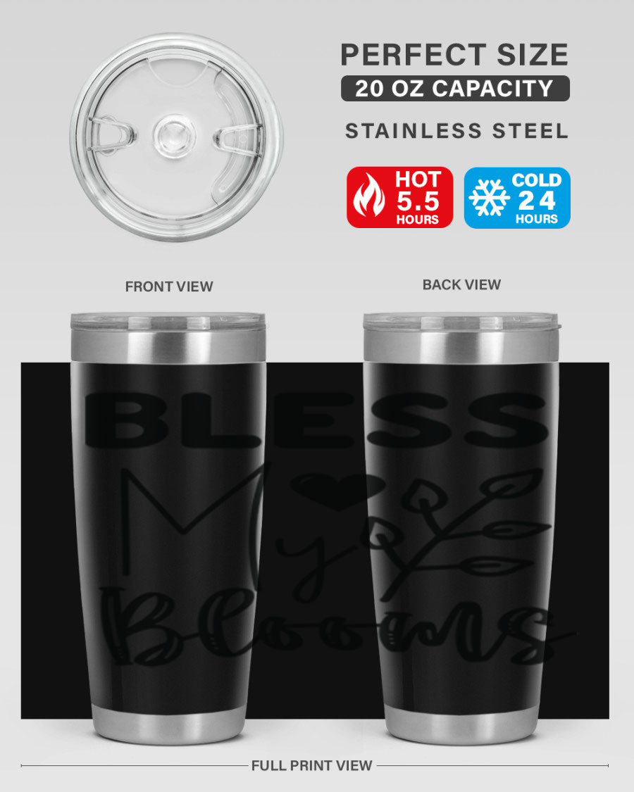 Bless My Blooms 20oz Tumbler featuring a floral design, double wall vacuum stainless steel construction, and a drink-thru lid.