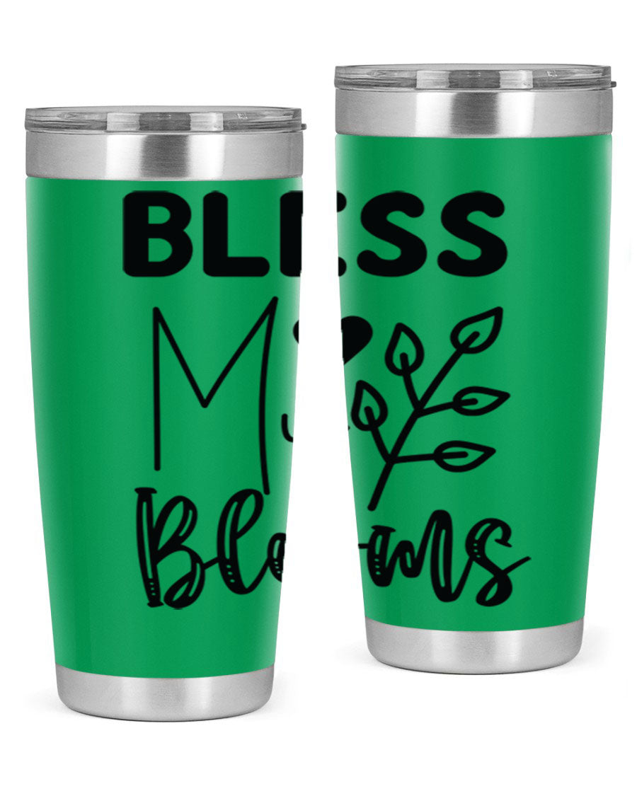 Bless My Blooms 20oz Tumbler featuring a floral design, double wall vacuum stainless steel construction, and a drink-thru lid.