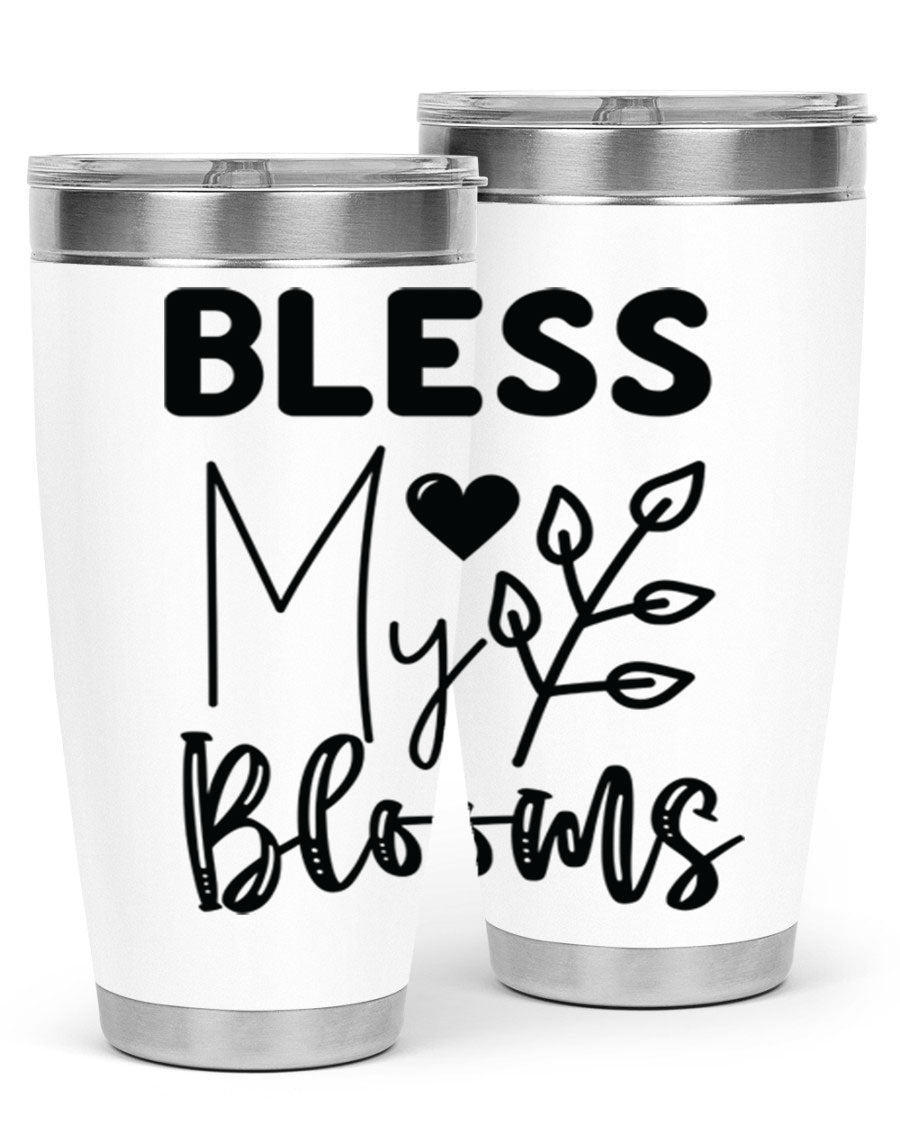 Bless My Blooms 20oz Tumbler featuring a floral design, double wall vacuum stainless steel construction, and a drink-thru lid.