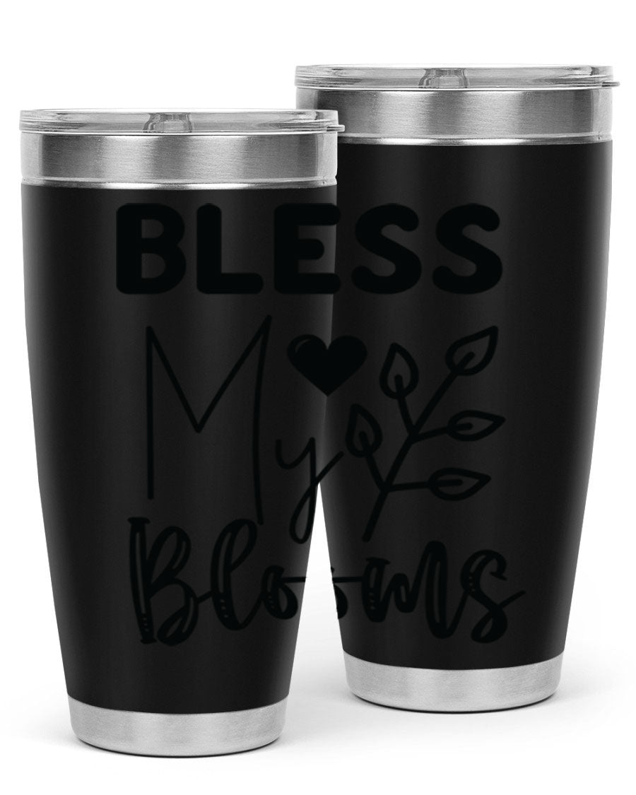 Bless My Blooms 20oz Tumbler featuring a floral design, double wall vacuum stainless steel construction, and a drink-thru lid.