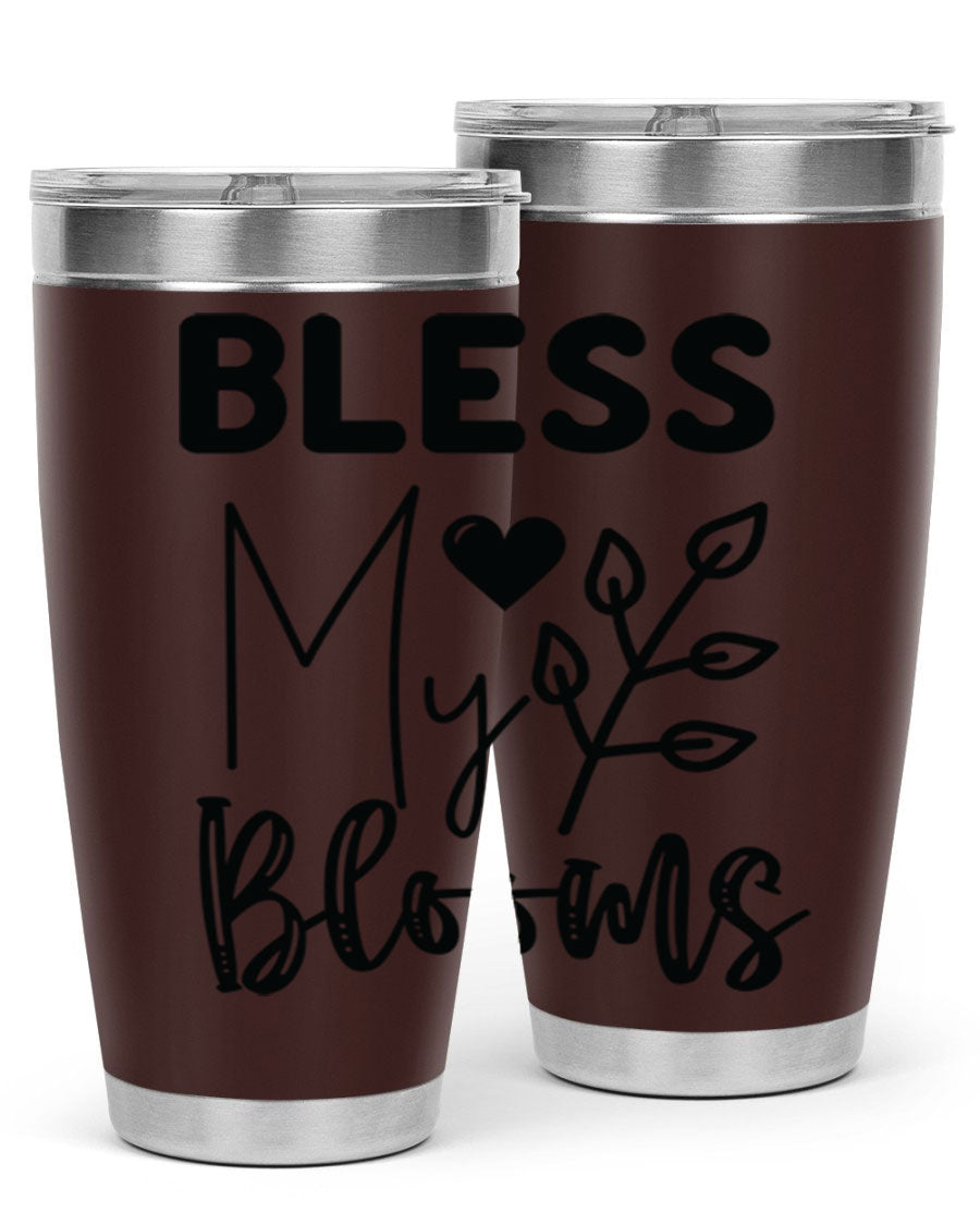 Bless My Blooms 20oz Tumbler featuring a floral design, double wall vacuum stainless steel construction, and a drink-thru lid.