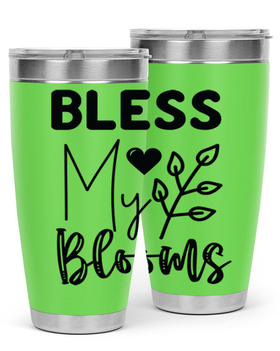 Bless My Blooms 20oz Tumbler featuring a floral design, double wall vacuum stainless steel construction, and a drink-thru lid.