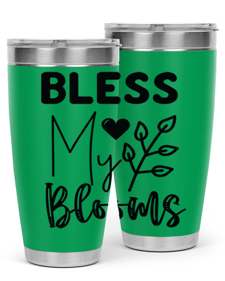 Bless My Blooms 20oz Tumbler featuring a floral design, double wall vacuum stainless steel construction, and a drink-thru lid.