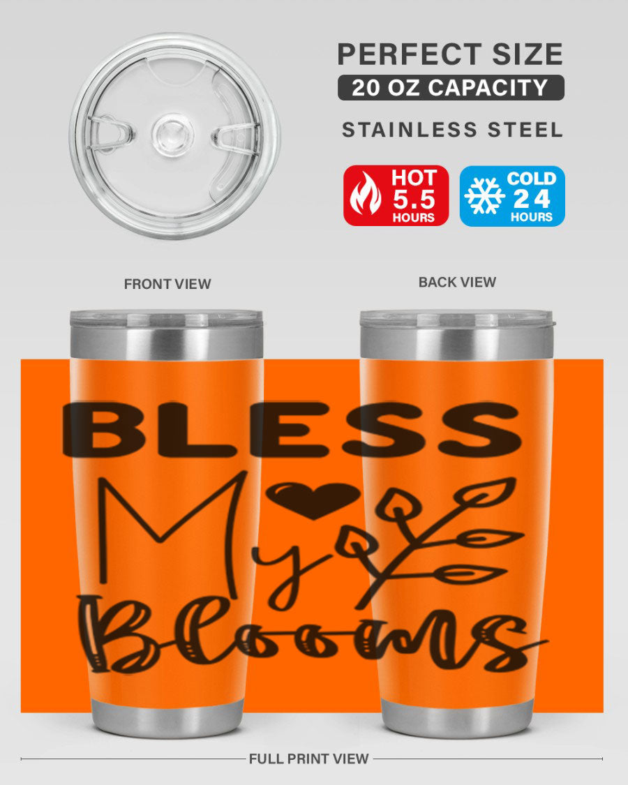 Bless My Blooms 20oz Tumbler featuring a floral design, double wall vacuum stainless steel construction, and a drink-thru lid.