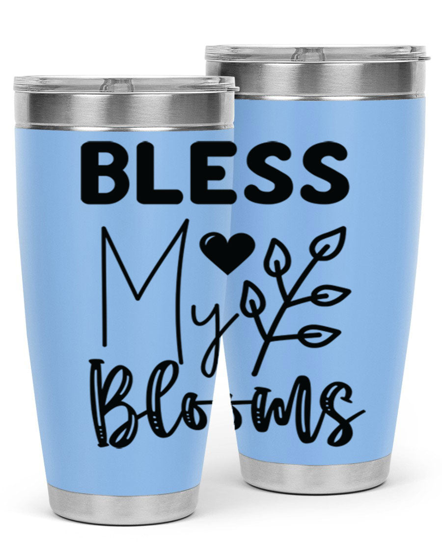 Bless My Blooms 20oz Tumbler featuring a floral design, double wall vacuum stainless steel construction, and a drink-thru lid.