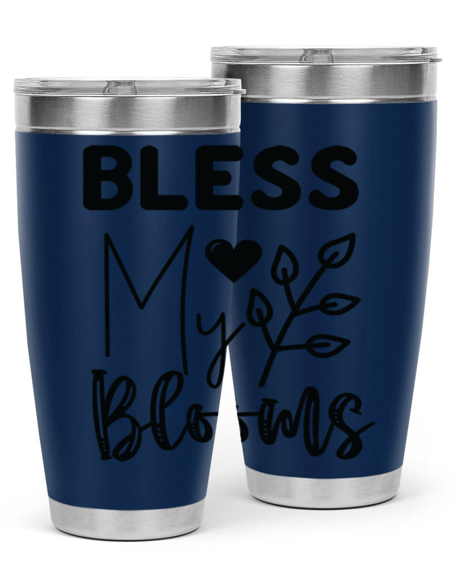 Bless My Blooms 20oz Tumbler featuring a floral design, double wall vacuum stainless steel construction, and a drink-thru lid.