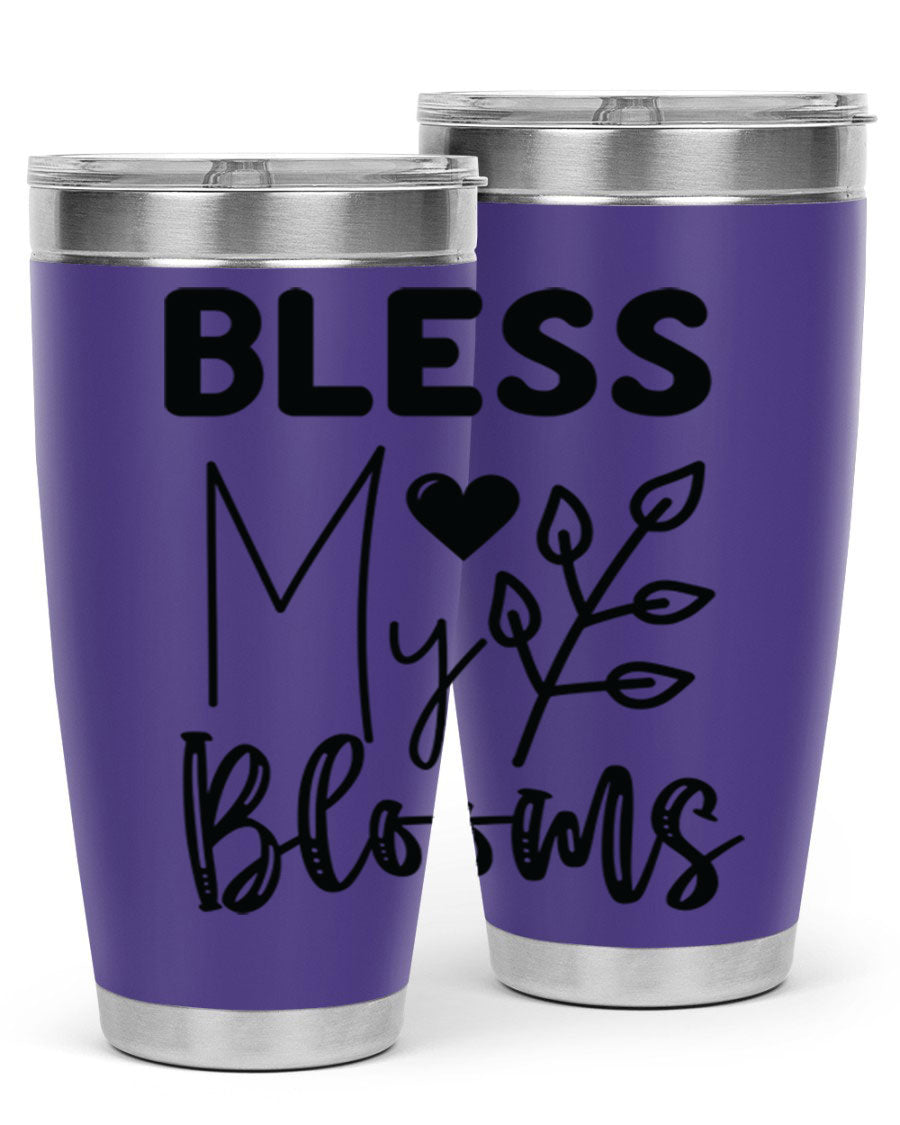 Bless My Blooms 20oz Tumbler featuring a floral design, double wall vacuum stainless steel construction, and a drink-thru lid.